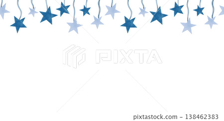 Seamless garland of hanging stars on threads. Blue border with sky elements. The magic of the night sky. Hand drawn watercolor art, isolated. Nightlights for children design, background. Seamless garland of hanging stars on threads. Blue border with sky elements. The magic of the night sky. Hand drawn watercolor art, isolated. Nightlights for children design, background. 138462383