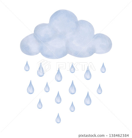 Cloud with falling raindrops. Blue composition with elements of sky and weather. Hand drawn watercolor illustration, isolated. A children's cartoon sketch for a bedroom or postcard. 138462384