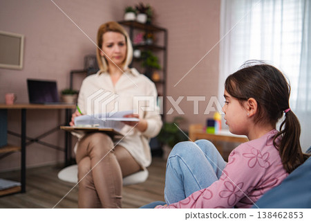 Child attending therapy session with school psychologist 138462853