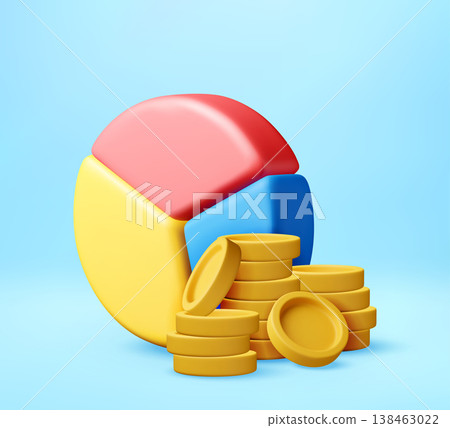 3D pie chart with stack of gold coin. 138463022