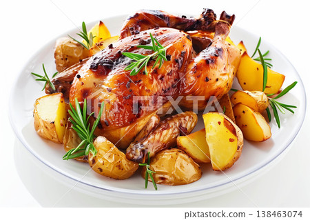 roasted chicken and potatoes on white plate isolated on a white background. 138463074