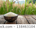 White rice and paddy rice on wooden table. 138463104