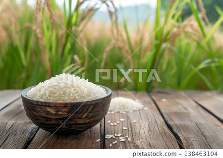 White rice and paddy rice on wooden table. White rice and paddy rice on wooden table. 138463104