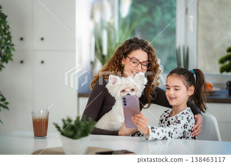 Mother daughter and pet dog taking selfie with smartphone 138463117