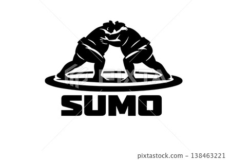 Banner martial art sumo grappling scene with big wrestlers grapplers fight simple silhouette graphics logo. 138463221