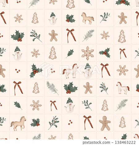 Christmas seamless pattern with horses, pine branches, for tree, bow. Repeat ornament with illustration holly and red berries and sweet cookie gingerbread and snowman on checkered background Christmas seamless pattern with horses, pine branches, for tree, bow. Repeat ornament with illustration holly and red berries and sweet cookie gingerbread and snowman on checkered background 138463222