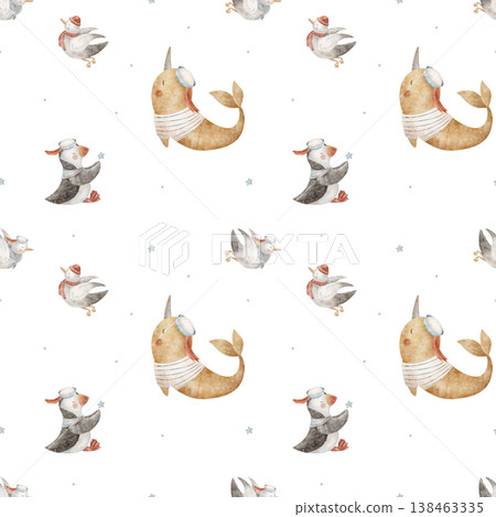 Pattern marine animal, narwhal whale, birds seagulls, puffin in sailor suit. Hand-drawn watercolor illustration in children's style. Print isolated from background for baby clothing design, wallpaper 138463335