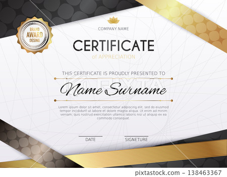 Certificate template with golden decoration element. Design diploma graduation, award. Vector illustration. Certificate template with golden decoration element. Design diploma graduation, award. Vector illustration. 138463367