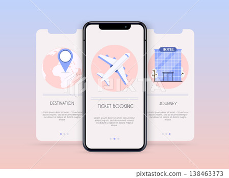 Onboarding screens user interface kit for mobile app templates concept of travel and ticket booking. Concept for web banners, websites, infographics. Onboarding screens user interface kit for mobile app templates concept of travel and ticket booking. Concept for web banners, websites, infographics. 138463373