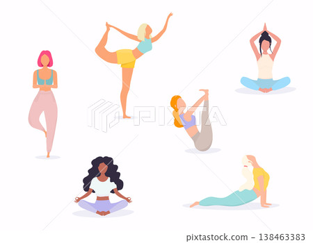 Woman in various poses of yoga. Shapes of woman doing yoga fitness workout. Set of yoga positions. 138463383
