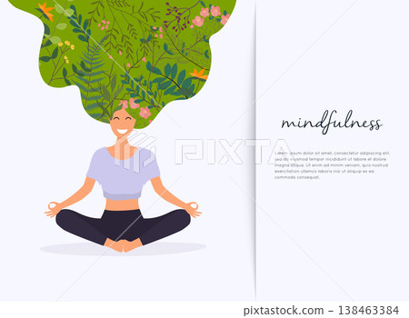 Girl with flower hair in gyan mudra yoga lotus pose exercise. Meditation health benefits for body, mind and emotions. Girl with flower hair in gyan mudra yoga lotus pose exercise. Meditation health benefits for body, mind and emotions. 138463384