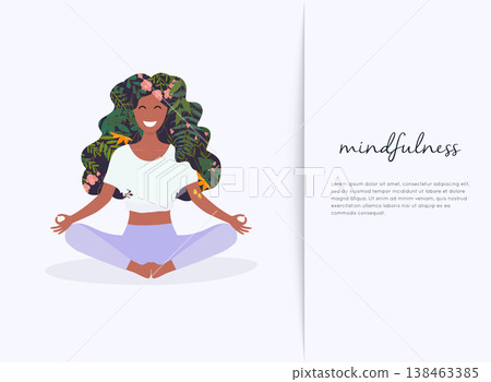 Girl with flower hair in gyan mudra yoga lotus pose exercise. Meditation health benefits for body, mind and emotions. 138463385