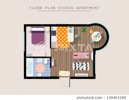 Detailed apartment furniture overhead top view. Studio Apartment With One Bedroom. Flat style vector illustration. 138463388