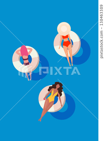 Women in swim suits lying on floating swimming pool mattresses. Summer pool party invitation design. Flyer or banner template. Flat design elements, minimalist style. Vector illustration. Women in swim suits lying on floating swimming pool mattresses. Summer pool party invitation design. Flyer or banner template. Flat design elements, minimalist style. Vector illustration. 138463389