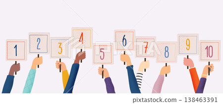 Hands holding cards with amount of scores got in competition, tournament or contest. Flat design elements, minimalist style. Vector illustration. 138463391