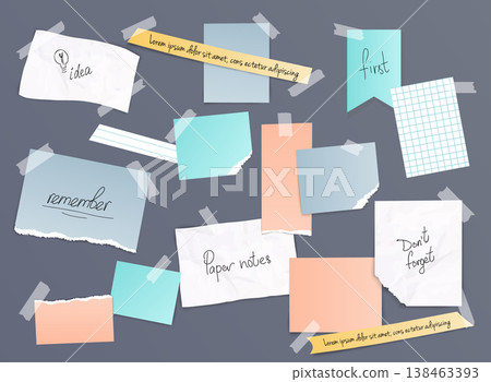 Collection of various note papers, banner set. Different scraps of paper stuck by sticky tape. Vector illustration. Collection of various note papers, banner set. Different scraps of paper stuck by sticky tape. Vector illustration. 138463393
