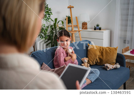 Child feeling shy during psychology therapy session Child feeling shy during psychology therapy session 138463591