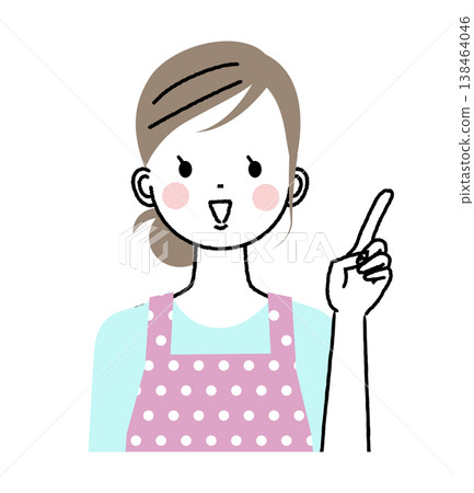 A woman wearing an apron; a woman holding up her index finger. A woman wearing an apron; a woman holding up her index finger. 138464046
