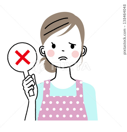 A woman wearing an apron; a woman holding up a sign with an "X" on it. A woman wearing an apron; a woman holding up a sign with an "X" on it. 138464048