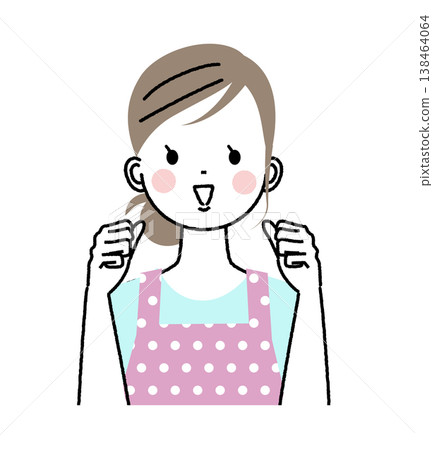 A woman wearing an apron; another woman raising both hands in a victory pose to show encouragement. 138464064
