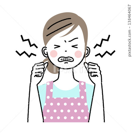 A woman wearing an apron; a woman with an irritated and hysterical expression. A woman wearing an apron; a woman with an irritated and hysterical expression. 138464067