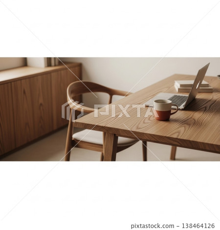 Cozy Wooden Desk With Coffee Cup And Minimal Lifestyle Workspace Setup 138464126