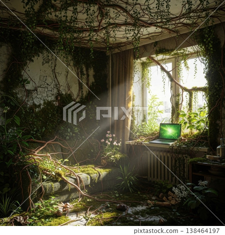Abandoned Room Overgrown With Nature Sunlight Streaming Through Broken Window 138464197