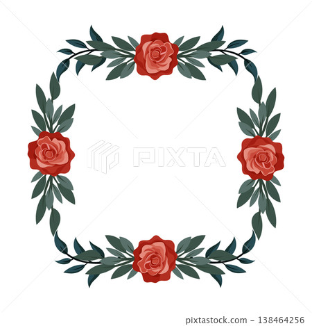 Floral frame with red roses and green leaves, flat vector botanical illustration, romantic decorative border isolated on white background 138464256
