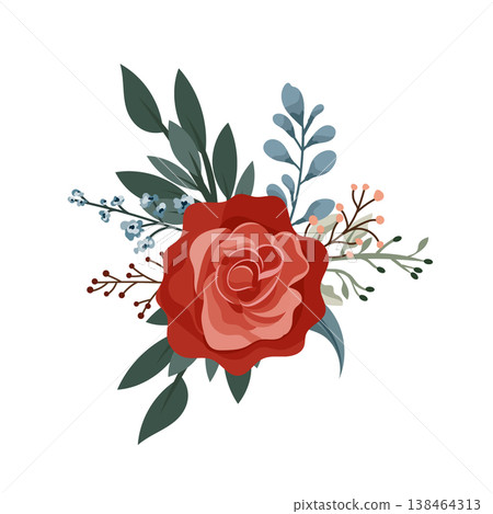 Elegant floral bouquet with red roses and green leaves, romantic botanical composition, decorative flat vector illustration isolated on white background Elegant floral bouquet with red roses and green leaves, romantic botanical composition, decorative flat vector illustration isolated on white background 138464313