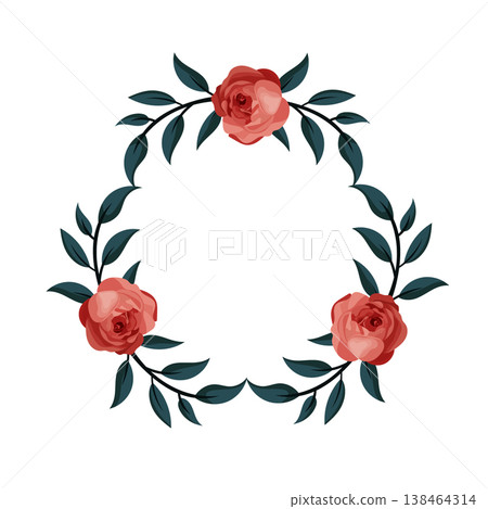 Floral frame with red roses and green leaves, flat vector botanical illustration, romantic decorative border isolated on white background Floral frame with red roses and green leaves, flat vector botanical illustration, romantic decorative border isolated on white background 138464314