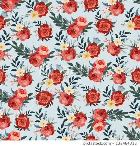 Seamless pattern floral with red roses, daisies and greenery, elegant botanical background, flat vector romantic vintage style for fabric, wallpaper and textile design Seamless pattern floral with red roses, daisies and greenery, elegant botanical background, flat vector romantic vintage style for fabric, wallpaper and textile design 138464318