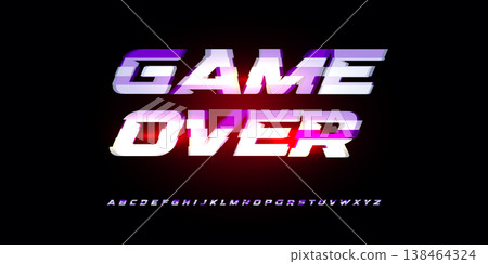 Game Over Digital Sport Alphabet Font Gradient Vibrant Glow Red Neon Glitch Futuristic Typography, Gaming Cyberpunk Headline, UI Interface Dynamic Bold Night Typographic Design. Vector Illustration 138464324