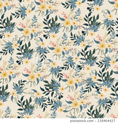 Seamless pattern wildflower with pastel floral bouquets, daisy blooms and greenery, flat vector elegant botanical repeat background for textile, wallpaper, wrapping paper design 138464427