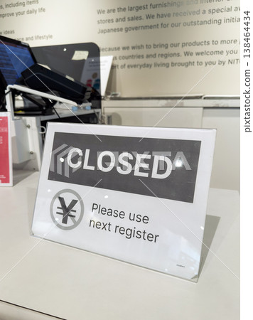 Closed register sign directs customers to alternative payment option at retail location in Penang Closed register sign directs customers to alternative payment option at retail location in Penang 138464434