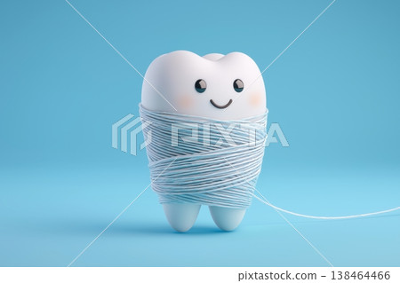 Happy cartoon tooth wrapped in dental floss, promoting oral hygiene and healthy smiles 138464466