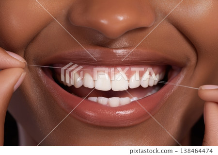 Radiant smile achieved through diligent flossing, showcasing healthy white teeth and vibrant gums 138464474