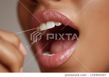 Woman's perfect white teeth sparkling clean with dental floss, promoting oral hygiene and a healthy smile. 138464487