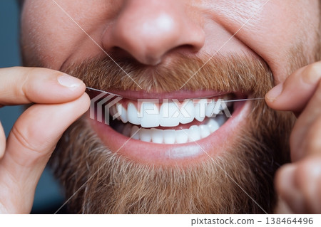 Man with healthy white teeth and beard confidently flossing for perfect oral hygiene and a bright smile Man with healthy white teeth and beard confidently flossing for perfect oral hygiene and a bright smile 138464496