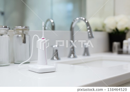Modern dental irrigator on a white bathroom countertop Modern dental irrigator on a white bathroom countertop 138464520