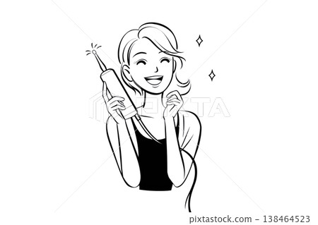 Line art drawing of a happy woman with a new dental irrigator Line art drawing of a happy woman with a new dental irrigator 138464523