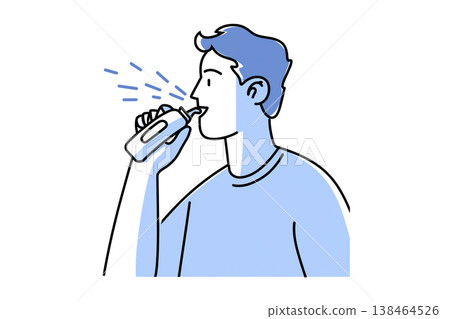 Line illustration of a man using a portable oral irrigator 138464526