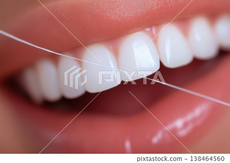 Flossing for perfect smile: Stunning close-up of healthy teeth and dental hygiene Flossing for perfect smile: Stunning close-up of healthy teeth and dental hygiene 138464560