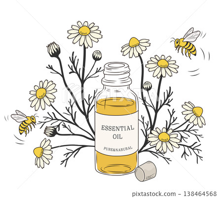 The scent of chamomile flowers and essential oil attracted a bee to fly in. The scent of chamomile flowers and essential oil attracted a bee to fly in. 138464568