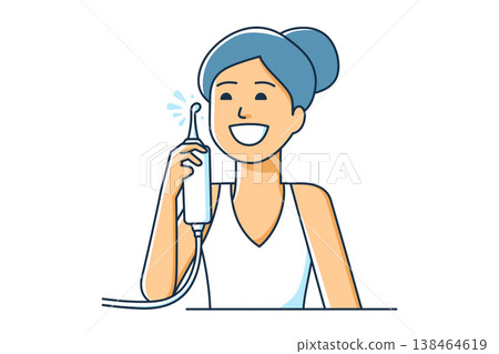 Simple illustration of a smiling woman using a water flosser Simple illustration of a smiling woman using a water flosser 138464619