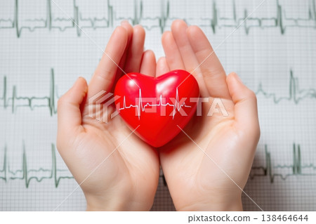 Hands holding a heart with an ECG print over a cardiogram background, symbolizing hypertension care Hands holding a heart with an ECG print over a cardiogram background, symbolizing hypertension care 138464644