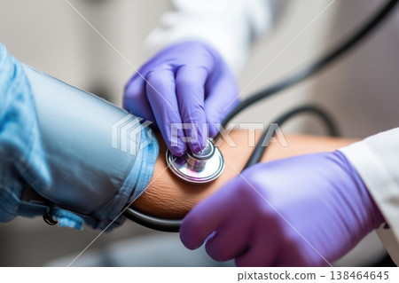 Doctor in purple gloves checks patient's blood pressure for hypertension Doctor in purple gloves checks patient's blood pressure for hypertension 138464645