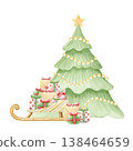 Simple Christmas tree with presents in sleigh watercolor isolated illustration with gifts boxes and light garland. Traditional winter holidays scene in childish style. Happy New Year clip art 138464659