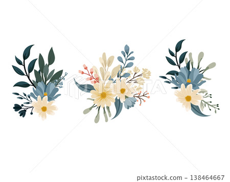 Floral bouquet set with pastel wildflowers and greenery, elegant botanical compositions, decorative flat vector elements isolated for wedding, branding design 138464667
