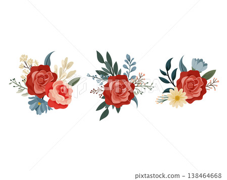 Floral bouquet set with red roses and wildflowers, elegant botanical compositions, decorative flat vector elements isolated for wedding, branding, invitation design 138464668