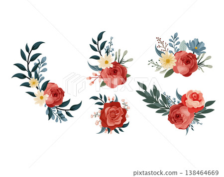 Floral bouquet set with red roses and wildflowers, elegant botanical compositions, decorative flat vector elements isolated for wedding, branding, invitation design Floral bouquet set with red roses and wildflowers, elegant botanical compositions, decorative flat vector elements isolated for wedding, branding, invitation design 138464669